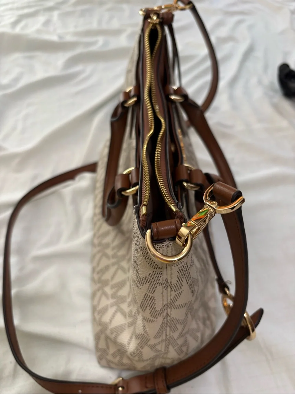 Michael Kors Beige Logo Satchel with Brown Trim and Gold Hardware